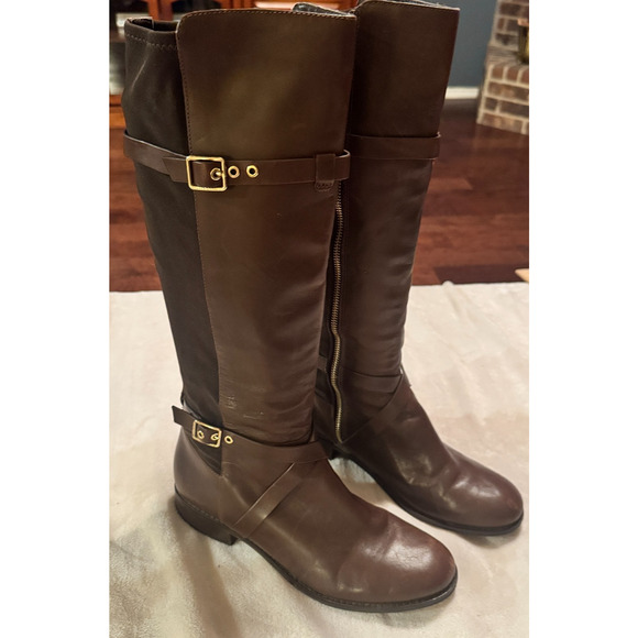 Cole Haan Grand OS Brown Leather Riding Boots tall buckle stretch Dorian 8B zip - Picture 1 of 10